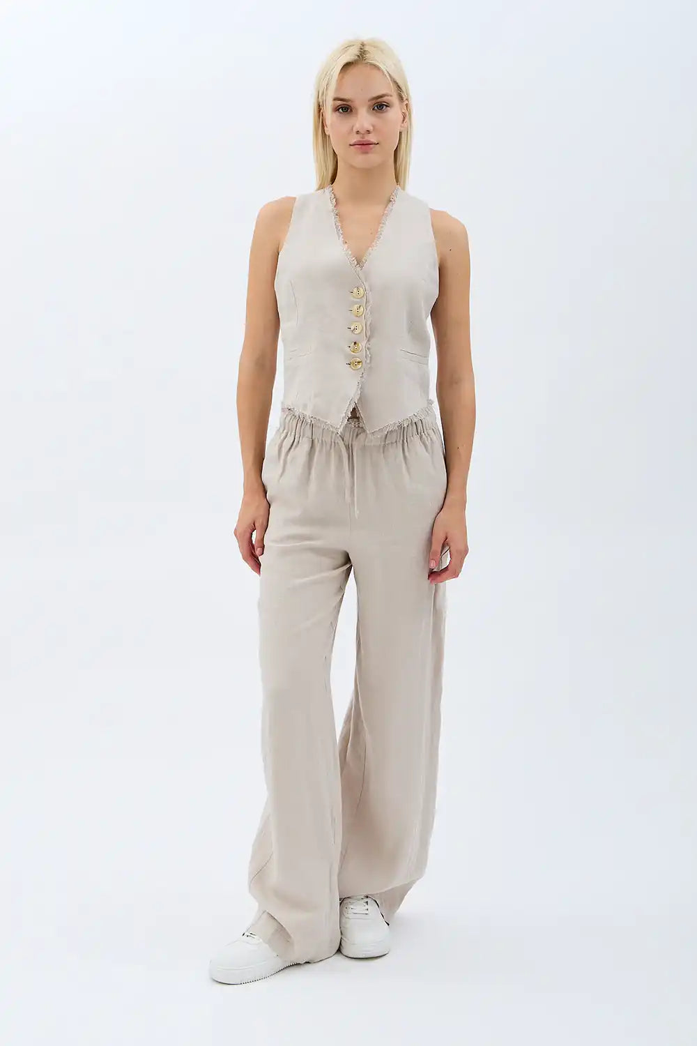 Tasarım Düğmeli Keten Yelek (Krem)