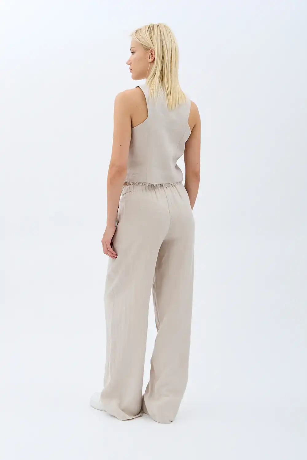 Tasarım Düğmeli Keten Yelek (Krem)