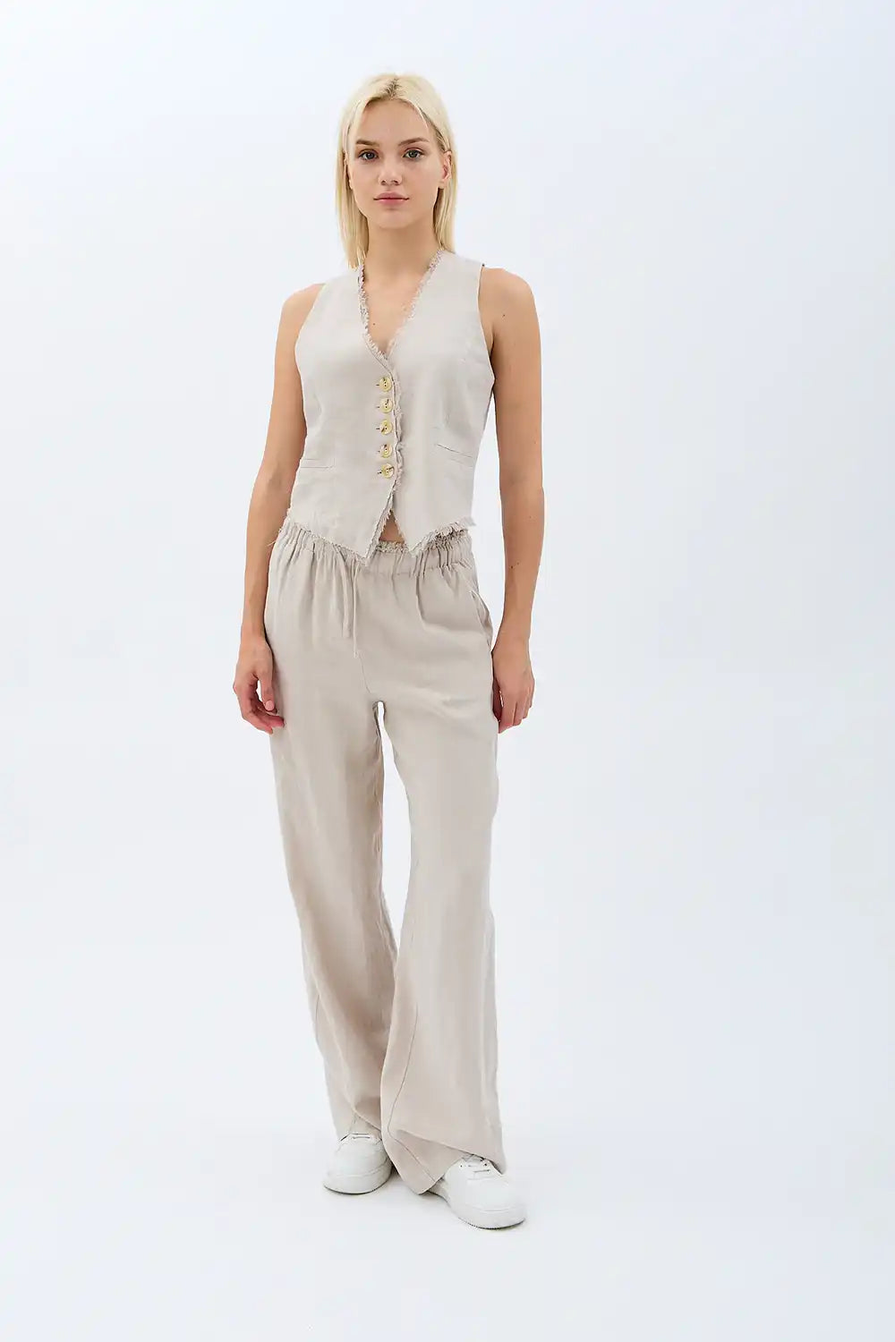 Tasarım Düğmeli Keten Yelek (Krem)