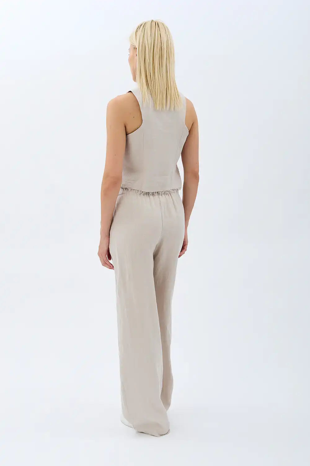 Tasarım Düğmeli Keten Yelek (Krem)