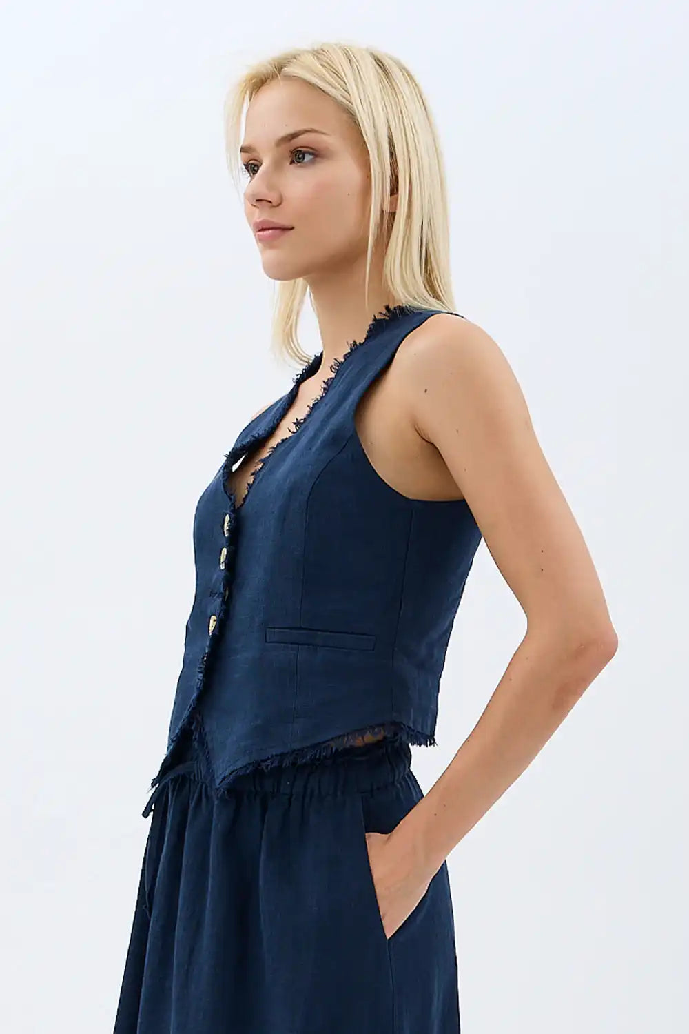 Tasarım Düğmeli Keten Yelek (Lacivert)