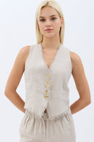 Diagonal-Tasarım Düğmeli Keten Yelek-Yelek-1-Milagron.com