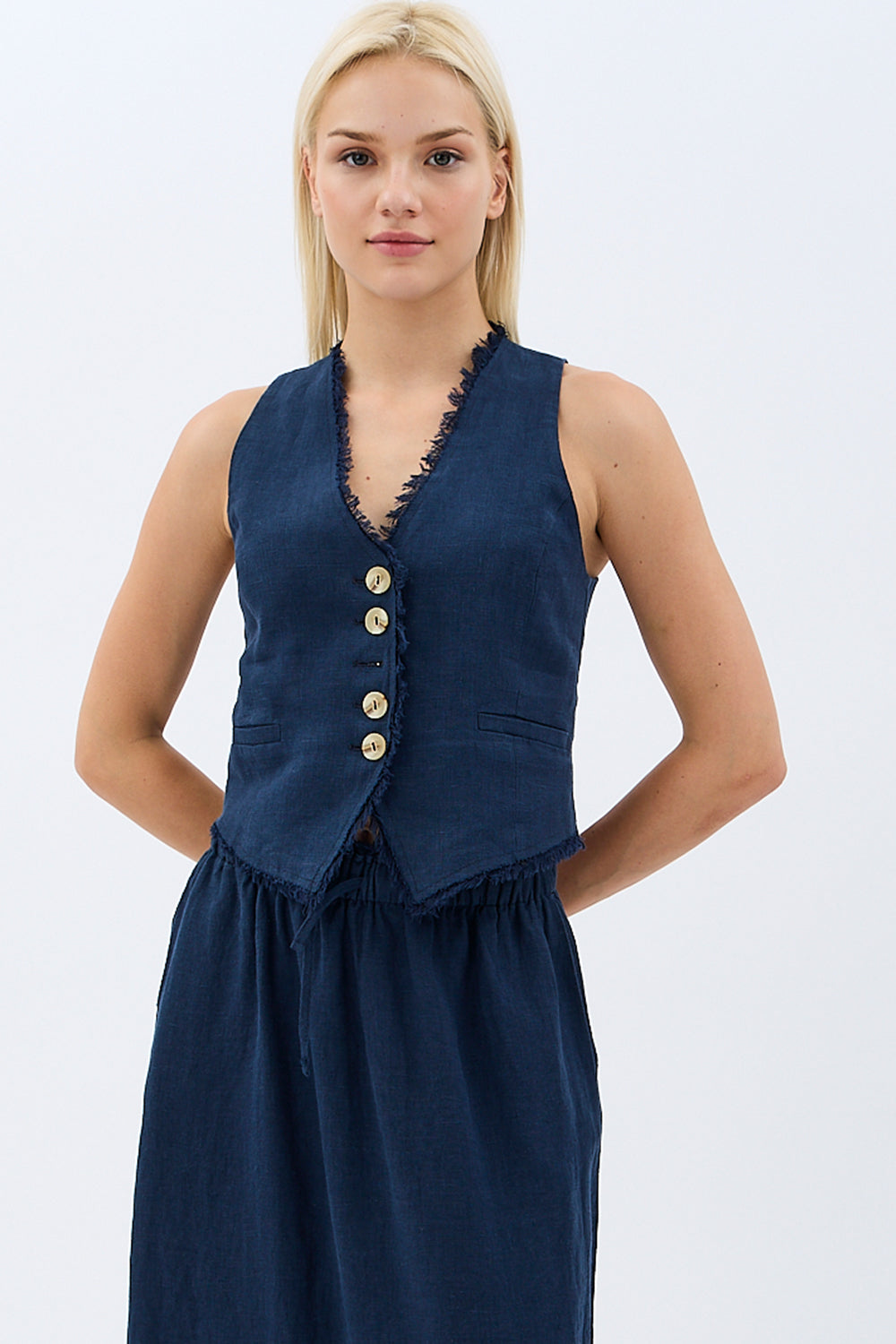 Diagonal-Tasarım Düğmeli Keten Yelek-Yelek-1-Milagron.com