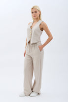 Diagonal-Tasarım Düğmeli Keten Yelek-Yelek-2-Milagron.com