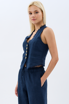 Diagonal-Tasarım Düğmeli Keten Yelek-Yelek-2-Milagron.com