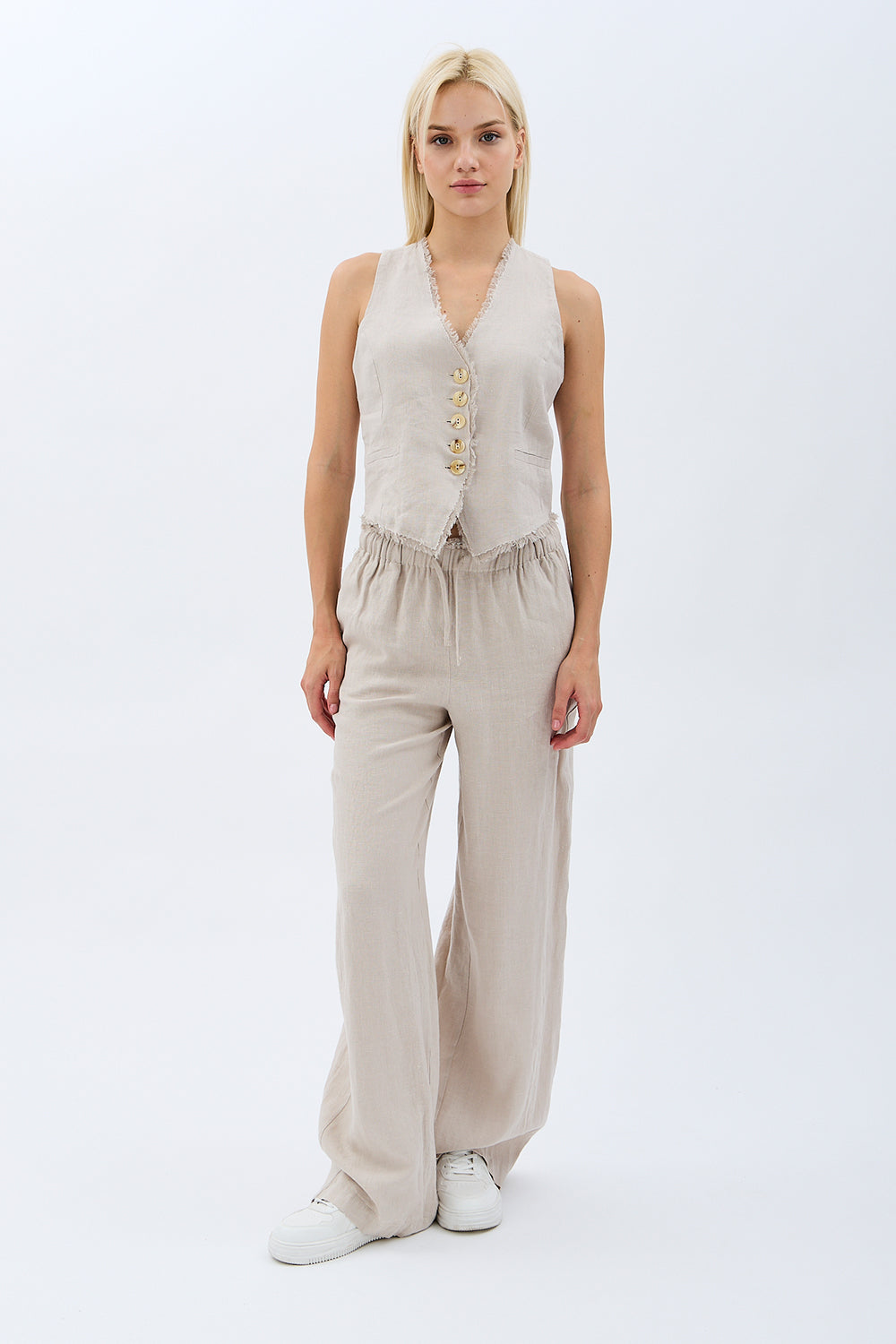 Diagonal-Tasarım Düğmeli Keten Yelek-Yelek-3-Milagron.com