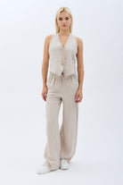 Diagonal-Tasarım Düğmeli Keten Yelek-Yelek-3-Milagron.com