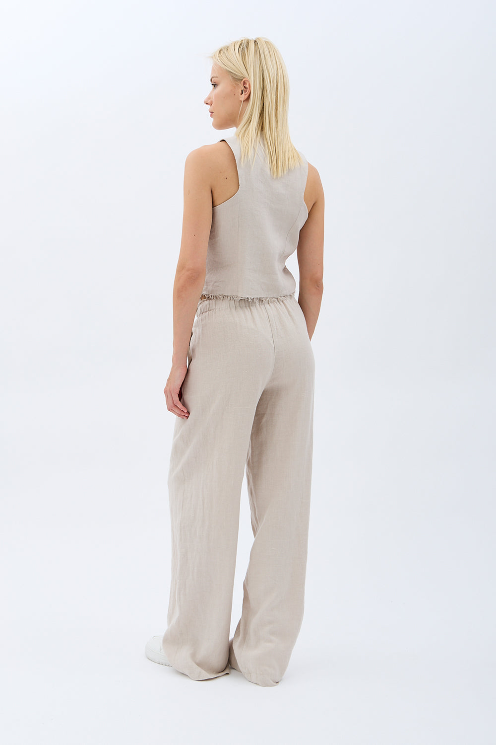 Diagonal-Tasarım Düğmeli Keten Yelek-Yelek-4-Milagron.com