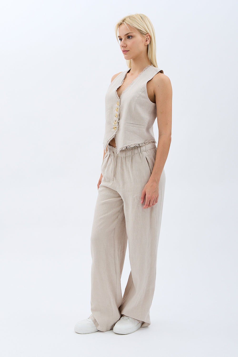 Diagonal-Tasarım Düğmeli Keten Yelek-Yelek-5-Milagron.com