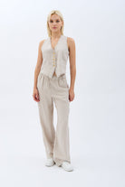 Diagonal-Tasarım Düğmeli Keten Yelek-Yelek-6-Milagron.com