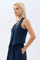 Diagonal-Tasarım Düğmeli Keten Yelek-Yelek-6-Milagron.com