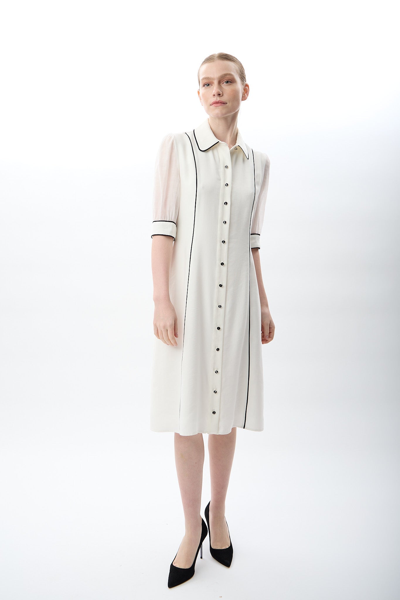 Diagonal-Transparan Kol Detaylı Midi Elbise-Elbise-5-Milagron.com