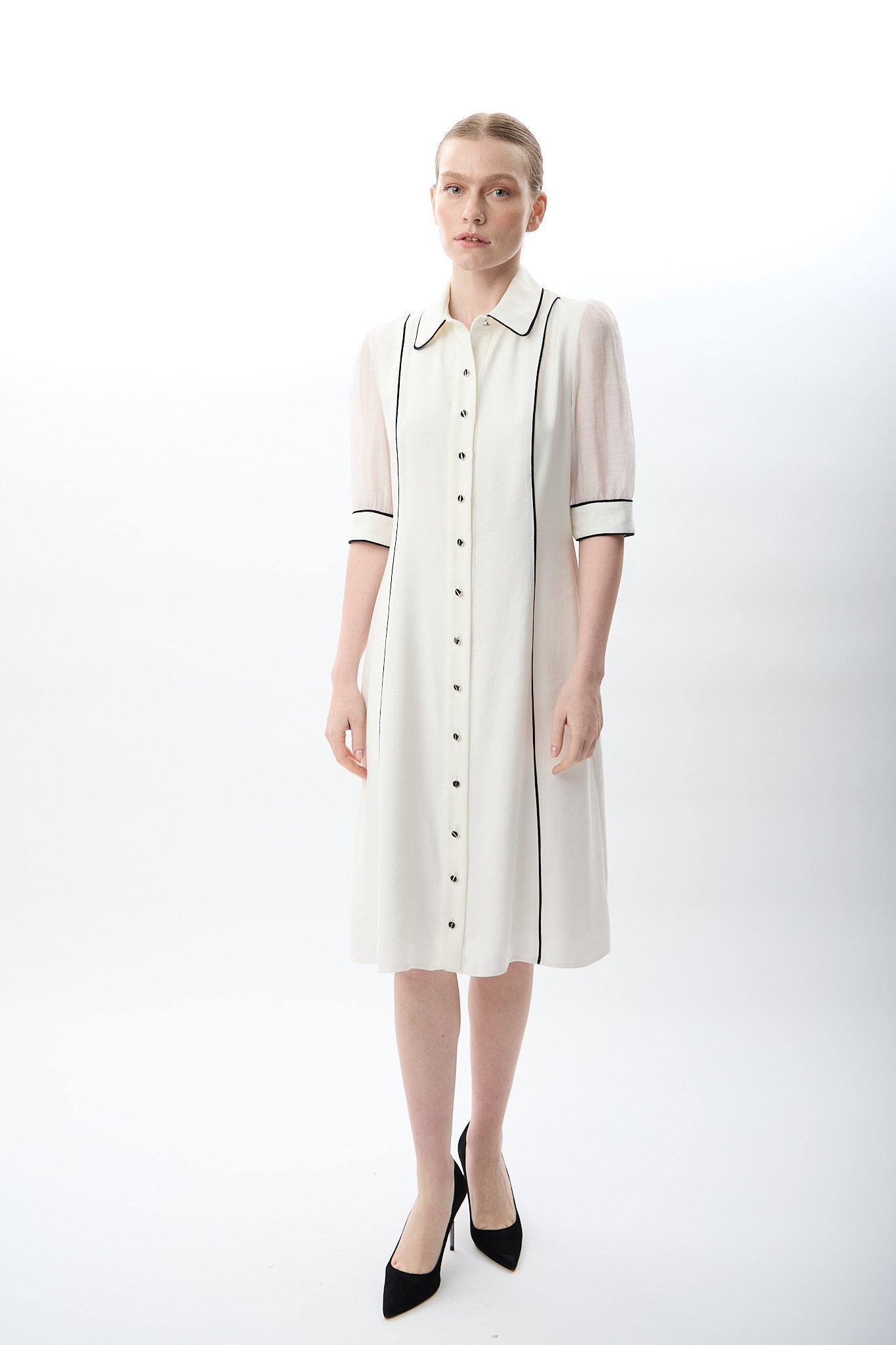 Diagonal-Transparan Kol Detaylı Midi Elbise-Elbise-7-Milagron.com