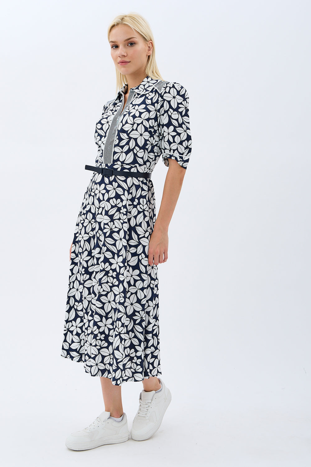 Diagonal-Yaprak Desenli Kemerli Gömlek Elbise-Elbise-1-Milagron.com