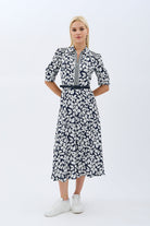 Diagonal-Yaprak Desenli Kemerli Gömlek Elbise-Elbise-10-Milagron.com