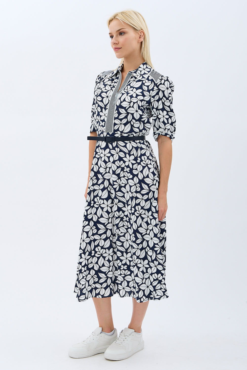 Diagonal-Yaprak Desenli Kemerli Gömlek Elbise-Elbise-11-Milagron.com