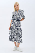 Diagonal-Yaprak Desenli Kemerli Gömlek Elbise-Elbise-14-Milagron.com