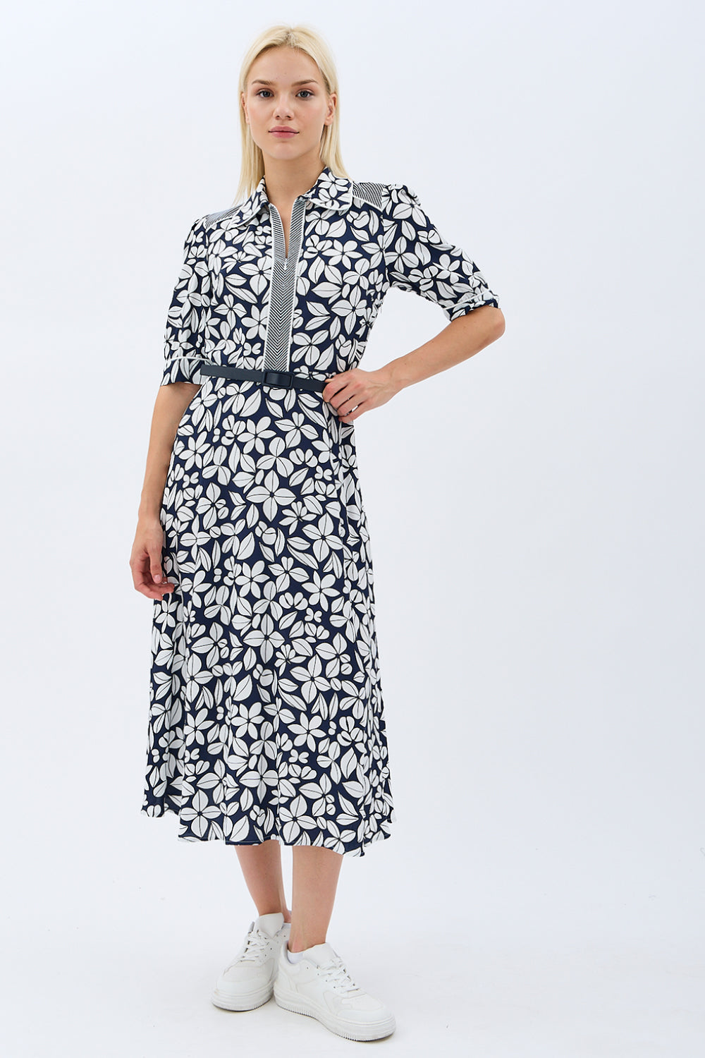 Diagonal-Yaprak Desenli Kemerli Gömlek Elbise-Elbise-15-Milagron.com