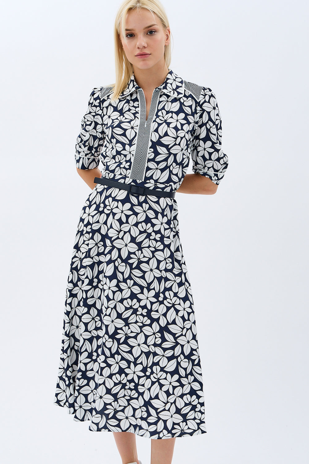 Diagonal-Yaprak Desenli Kemerli Gömlek Elbise-Elbise-3-Milagron.com