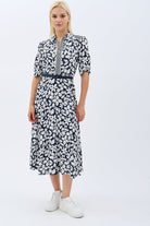 Diagonal-Yaprak Desenli Kemerli Gömlek Elbise-Elbise-6-Milagron.com