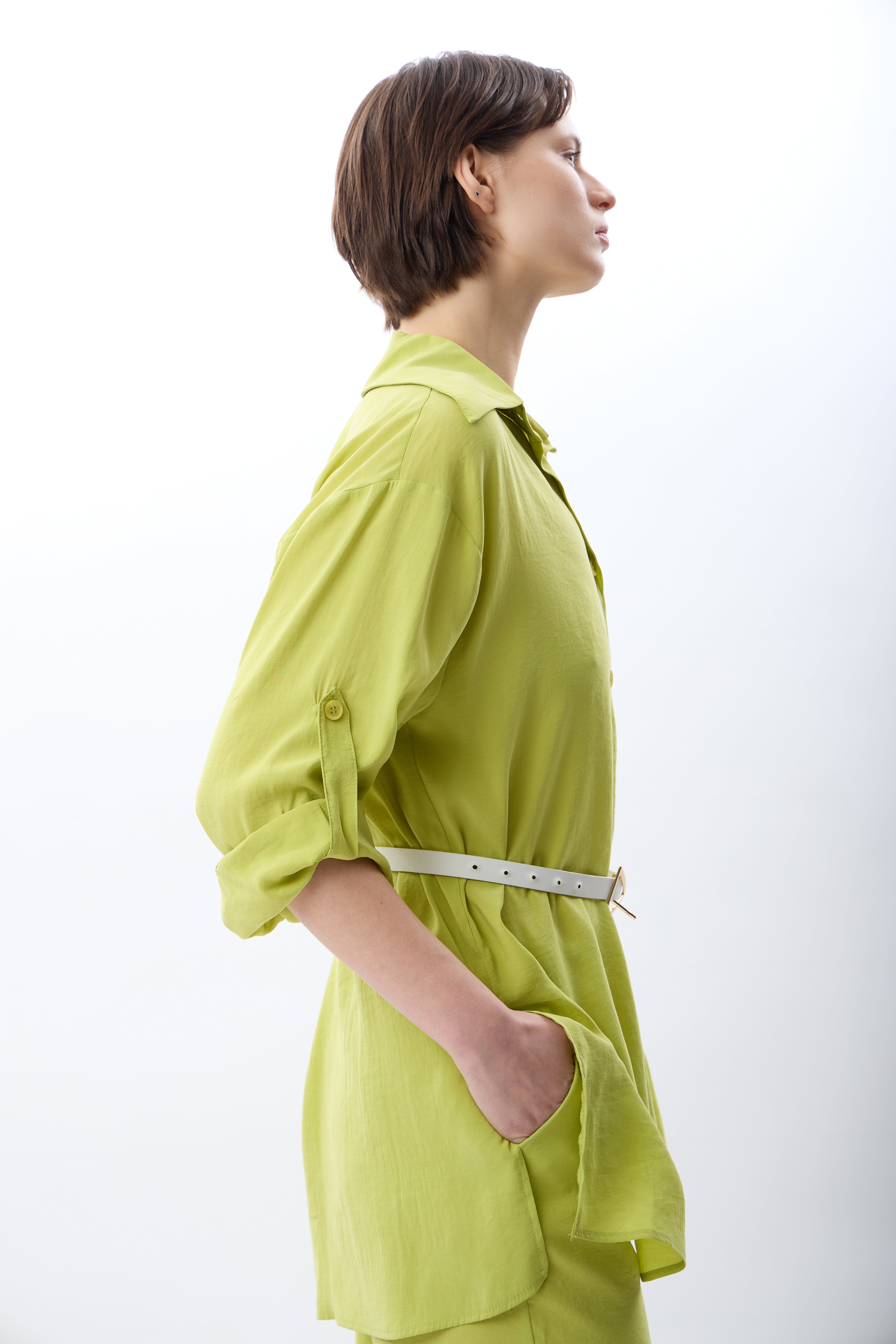 Diagonal-Yırtmaç Detay Kemerli Gömlek-Gömlek-6-Milagron.com