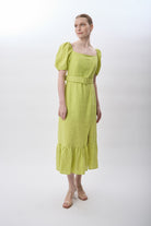 Diagonal-Yırtmaç Detaylı Balon Kollu Kemerli Elbise-Elbise-1-Milagron.com