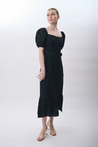 Diagonal-Yırtmaç Detaylı Balon Kollu Kemerli Elbise-Elbise-1-Milagron.com