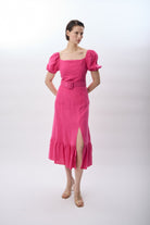 Diagonal-Yırtmaç Detaylı Balon Kollu Kemerli Elbise-Elbise-2-Milagron.com