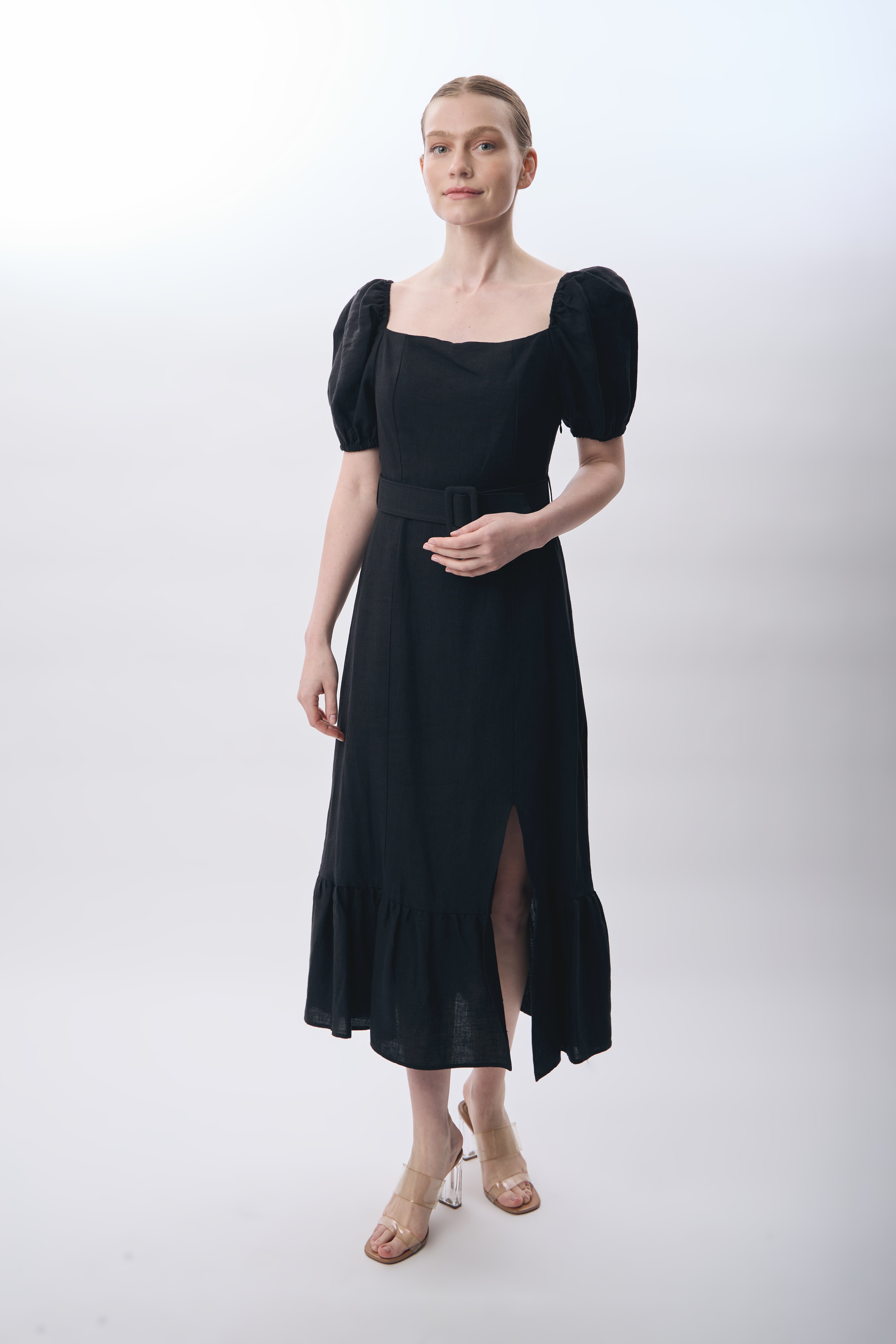 Diagonal-Yırtmaç Detaylı Balon Kollu Kemerli Elbise-Elbise-2-Milagron.com