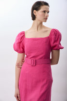 Diagonal-Yırtmaç Detaylı Balon Kollu Kemerli Elbise-Elbise-3-Milagron.com