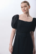 Diagonal-Yırtmaç Detaylı Balon Kollu Kemerli Elbise-Elbise-3-Milagron.com