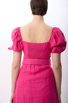 Diagonal-Yırtmaç Detaylı Balon Kollu Kemerli Elbise-Elbise-4-Milagron.com