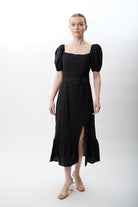 Diagonal-Yırtmaç Detaylı Balon Kollu Kemerli Elbise-Elbise-4-Milagron.com