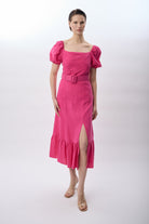 Diagonal-Yırtmaç Detaylı Balon Kollu Kemerli Elbise-Elbise-5-Milagron.com