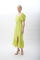 Diagonal-Yırtmaç Detaylı Balon Kollu Kemerli Elbise-Elbise-5-Milagron.com