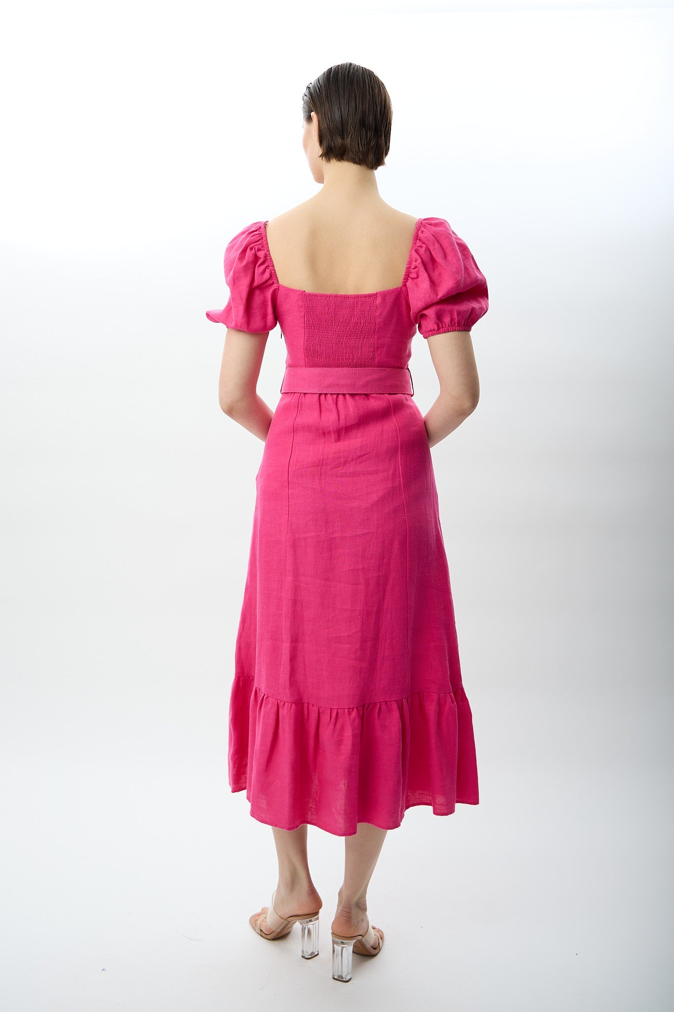 Diagonal-Yırtmaç Detaylı Balon Kollu Kemerli Elbise-Elbise-6-Milagron.com