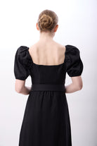 Diagonal-Yırtmaç Detaylı Balon Kollu Kemerli Elbise-Elbise-6-Milagron.com