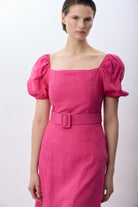 Diagonal-Yırtmaç Detaylı Balon Kollu Kemerli Elbise-Elbise-7-Milagron.com