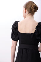 Diagonal-Yırtmaç Detaylı Balon Kollu Kemerli Elbise-Elbise-7-Milagron.com