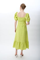 Diagonal-Yırtmaç Detaylı Balon Kollu Kemerli Elbise-Elbise-7-Milagron.com