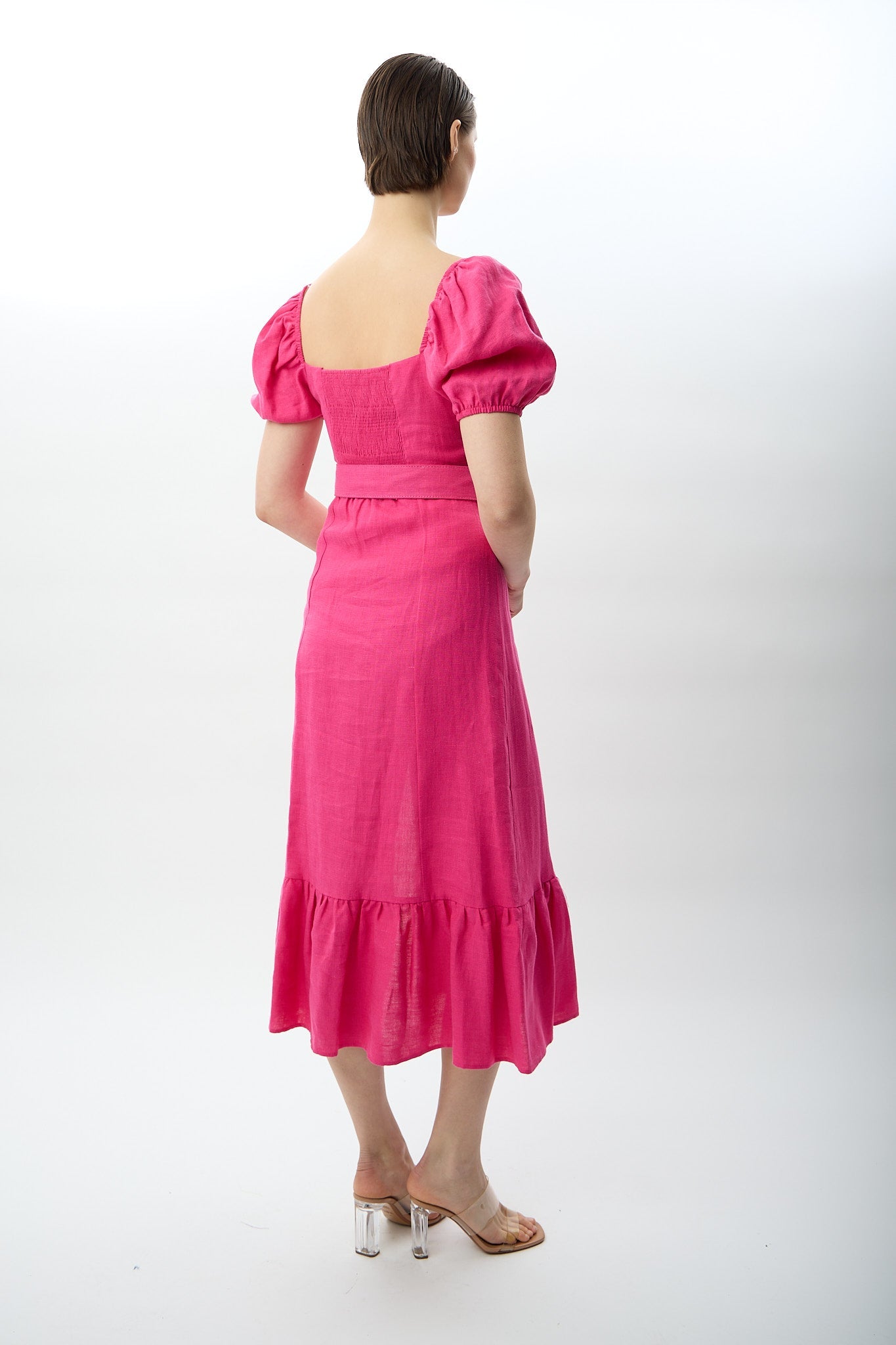 Diagonal-Yırtmaç Detaylı Balon Kollu Kemerli Elbise-Elbise-8-Milagron.com