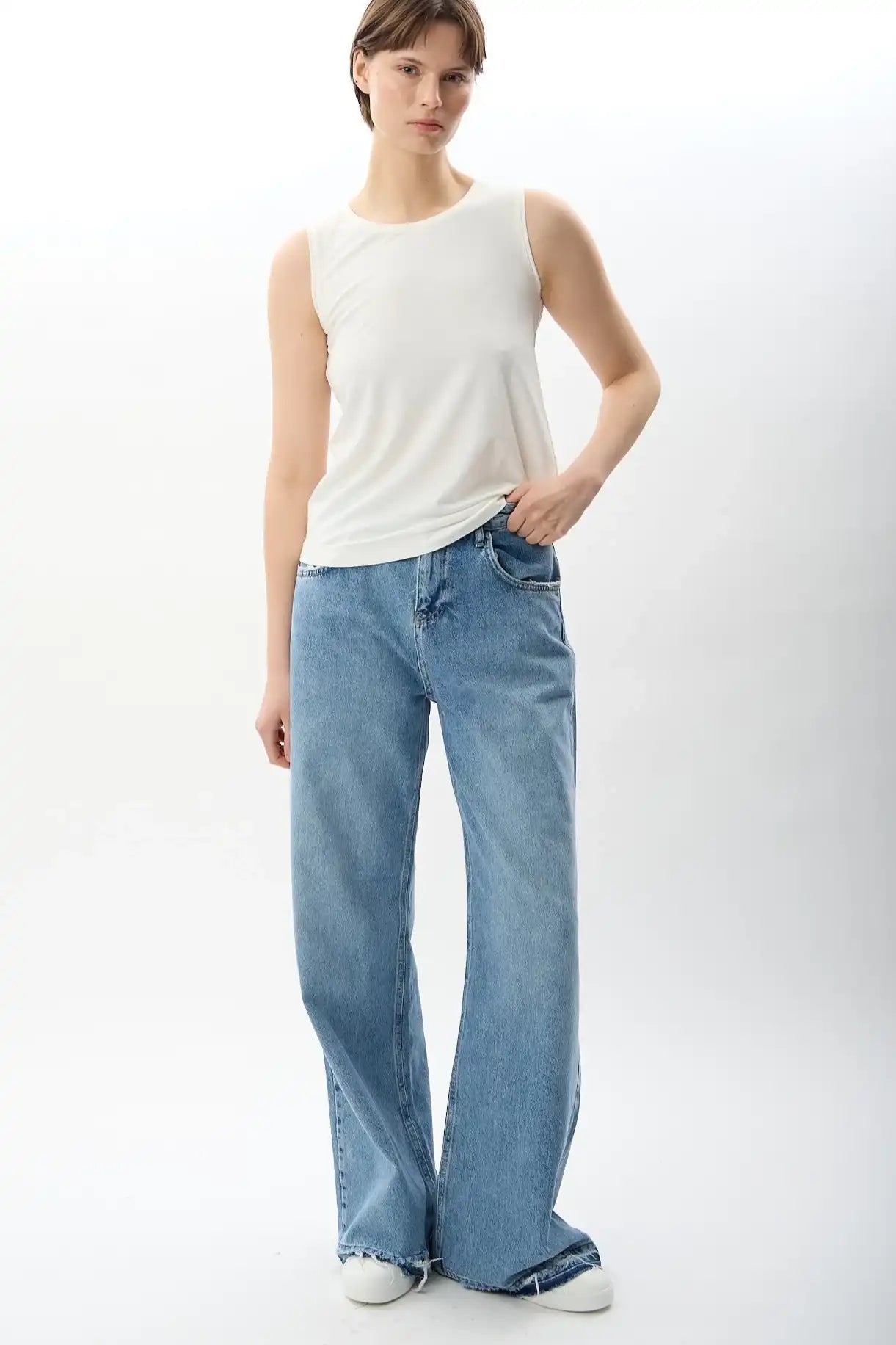 Yüksek Bel Denim Pantolon (Mavi)