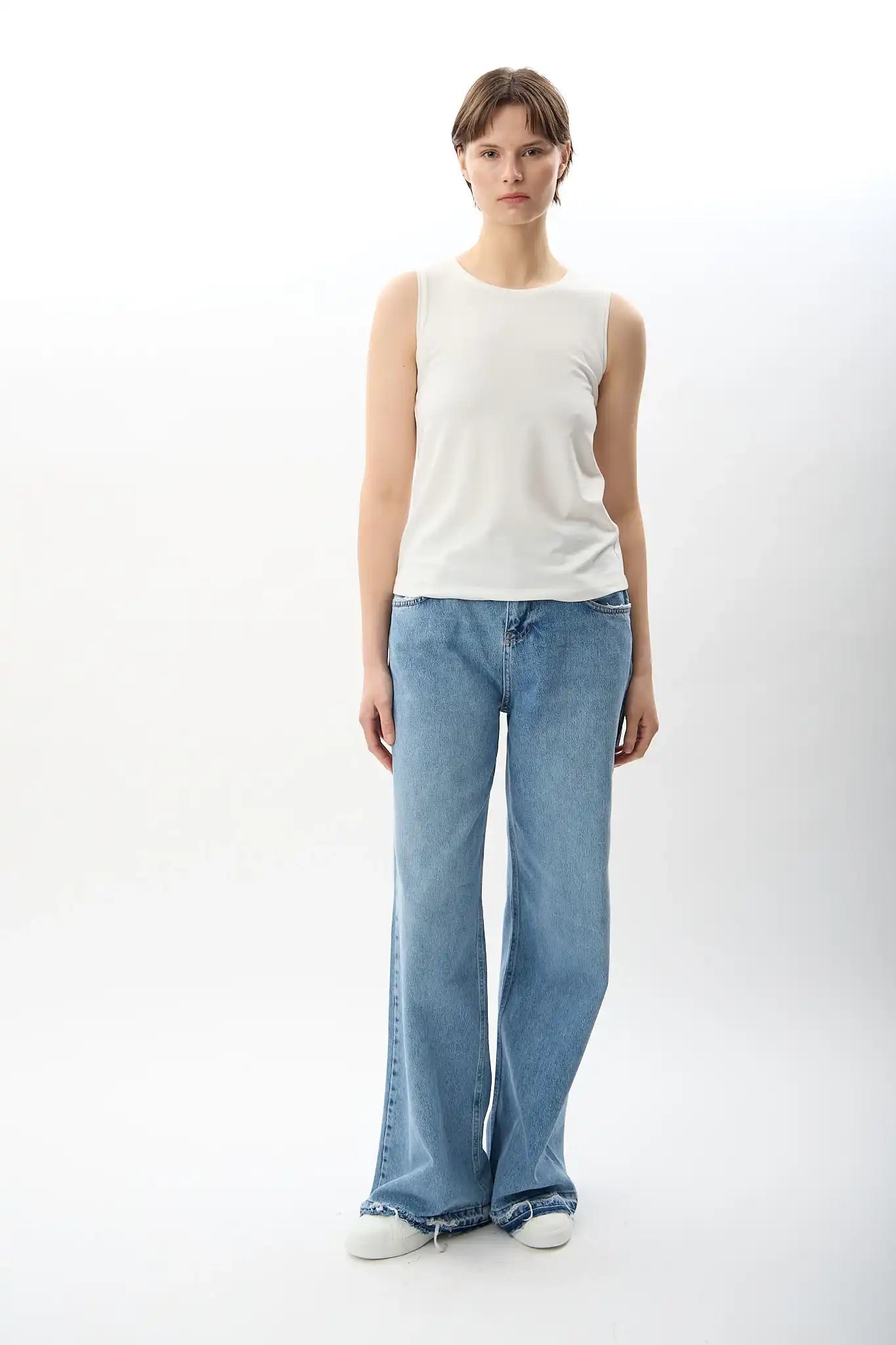 Yüksek Bel Denim Pantolon (Mavi)