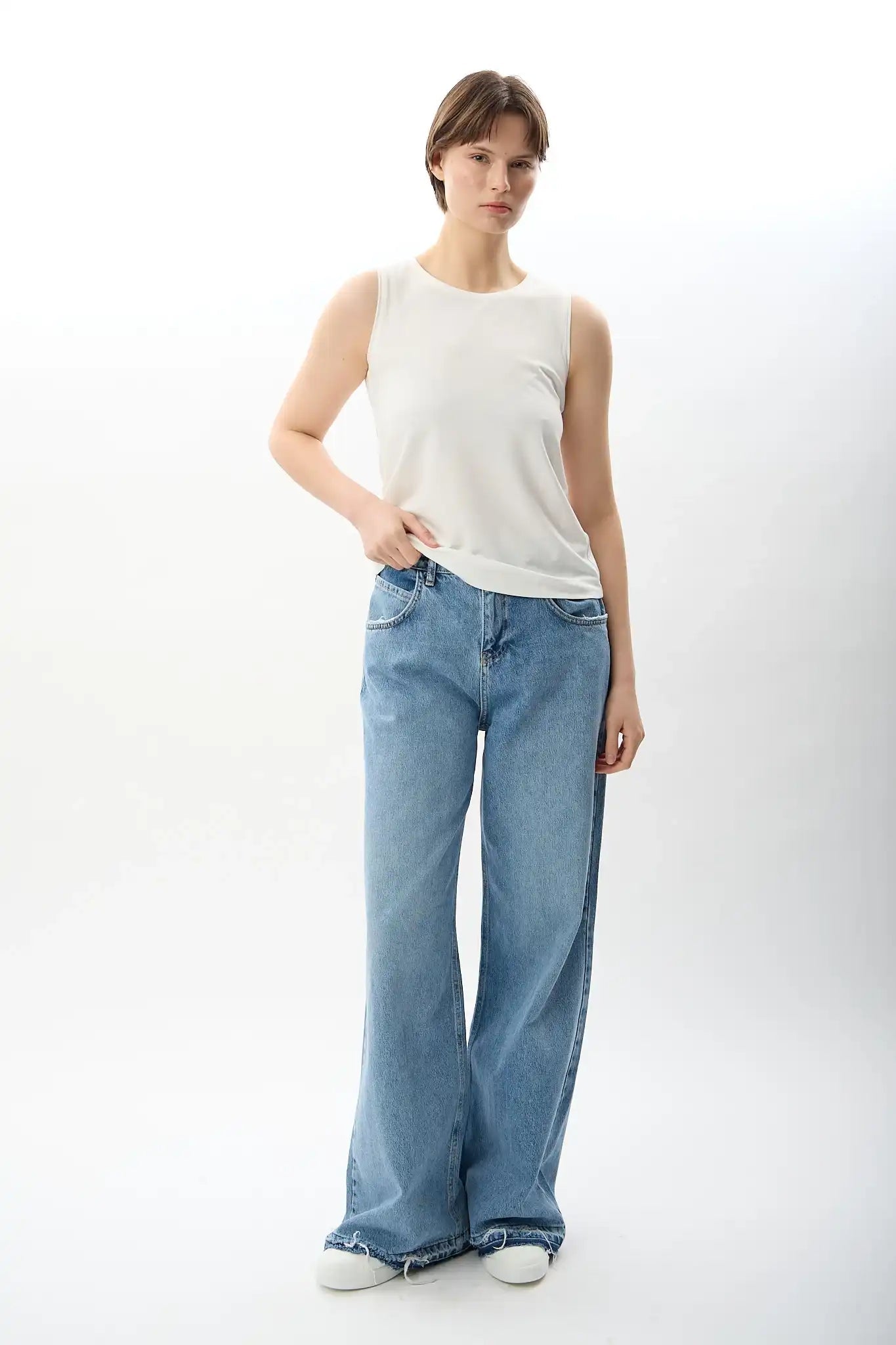 Yüksek Bel Denim Pantolon (Mavi)