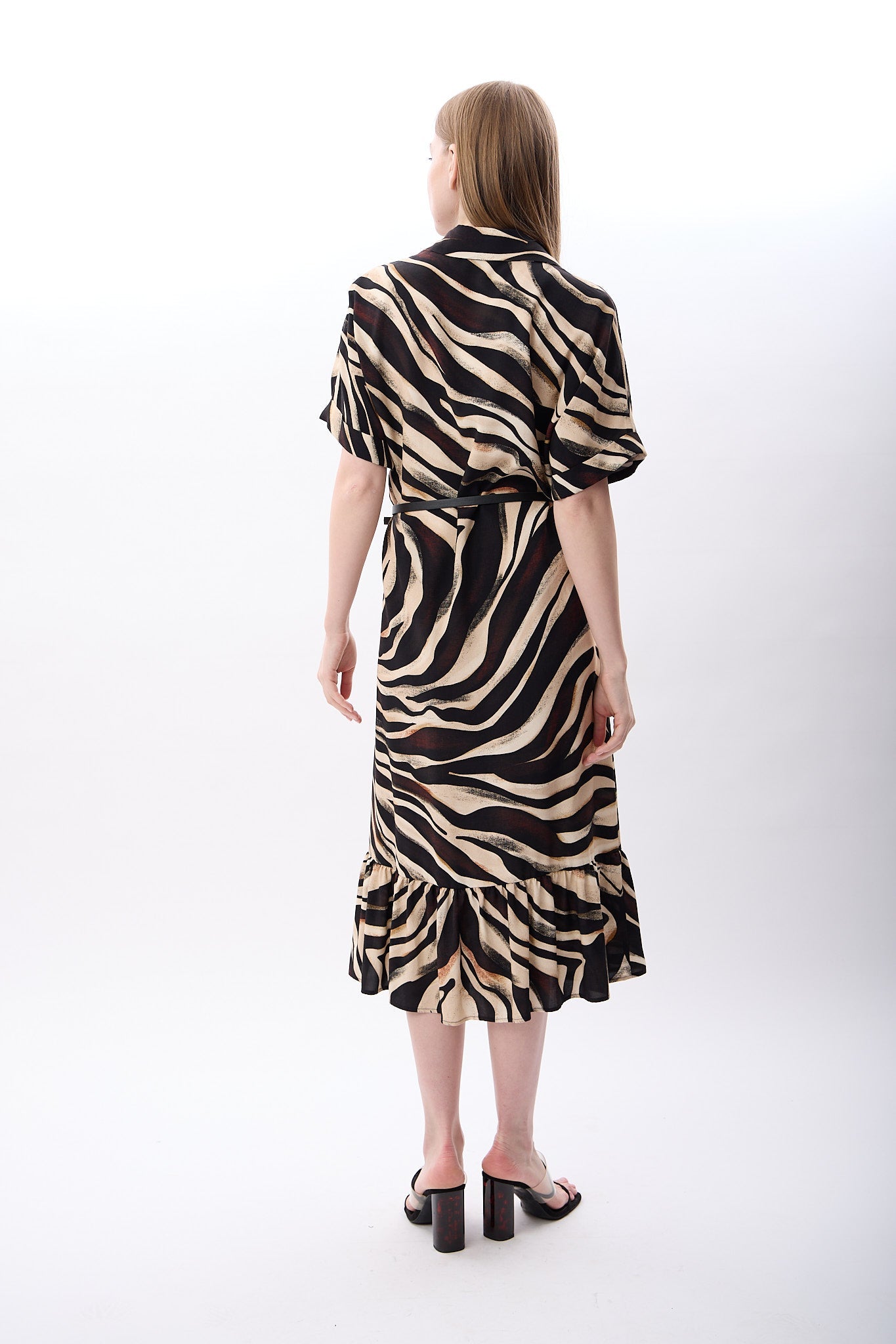 Diagonal-Zebra Desenli Fırfırlı Elbise-Elbise-10-Milagron.com