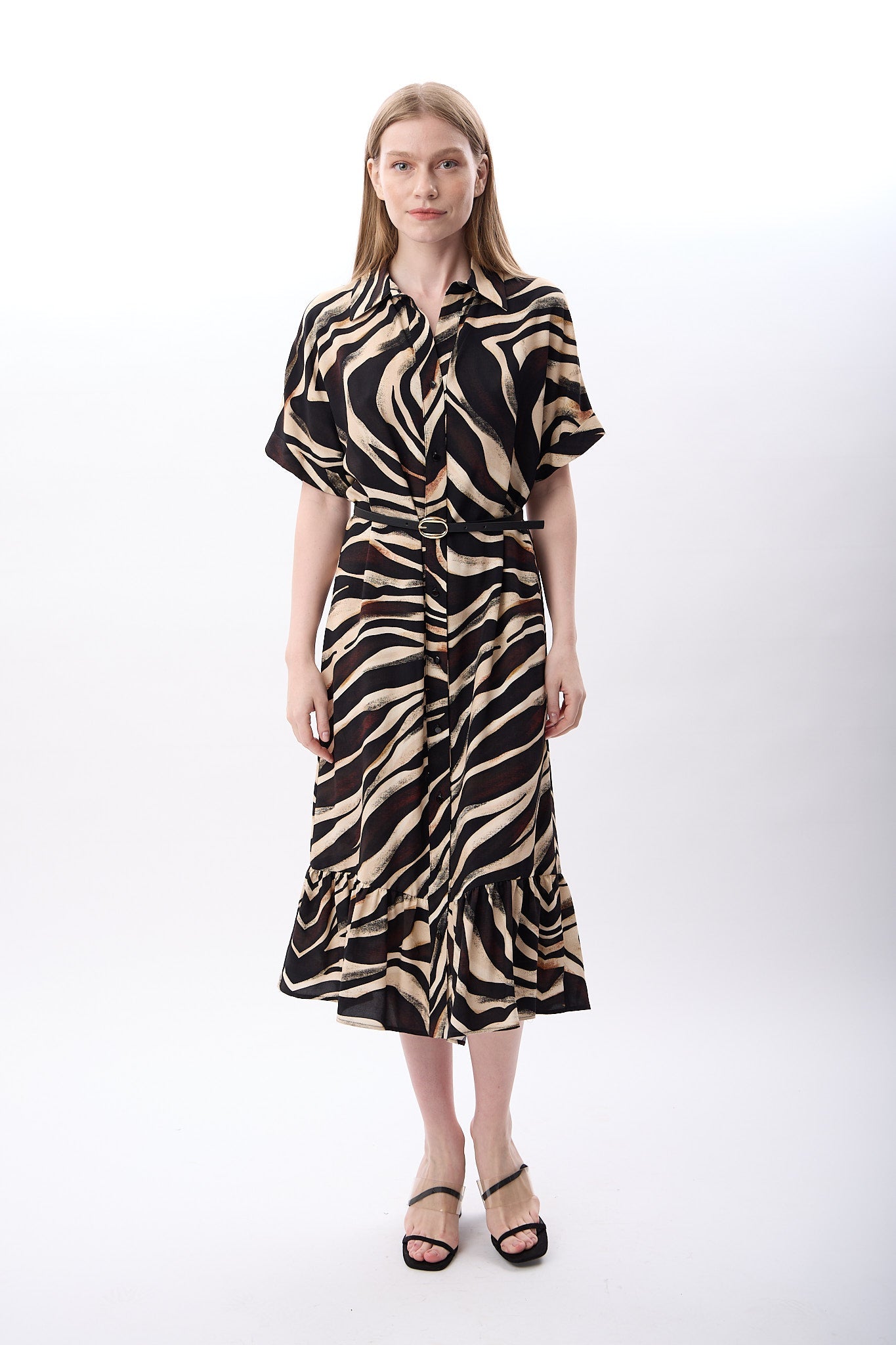 Diagonal-Zebra Desenli Fırfırlı Elbise-Elbise-11-Milagron.com