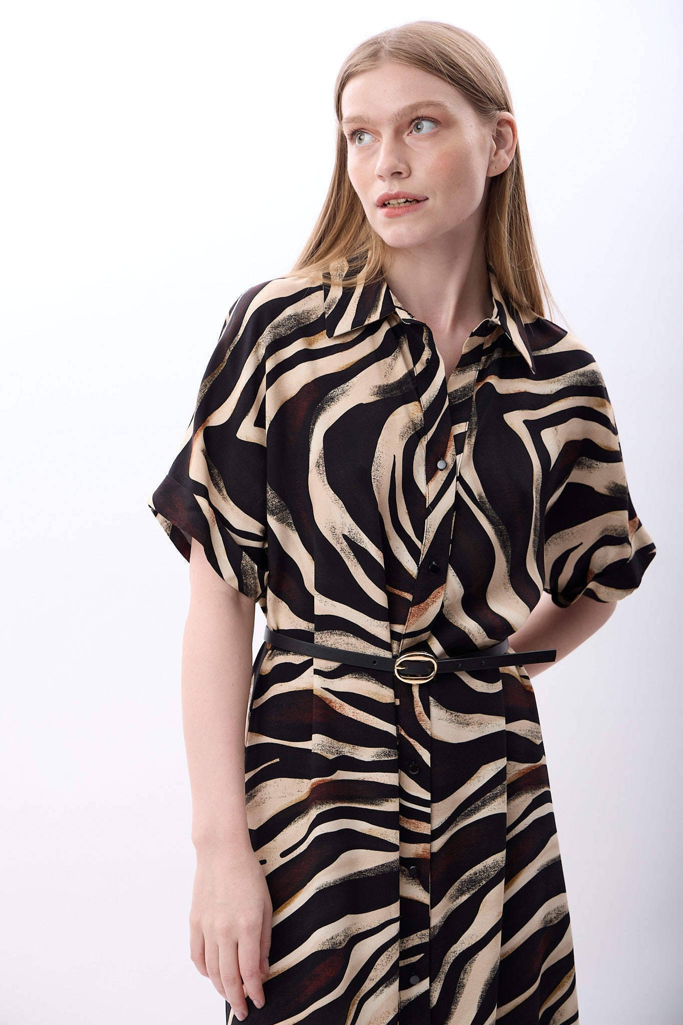 Diagonal-Zebra Desenli Fırfırlı Elbise-Elbise-6-Milagron.com