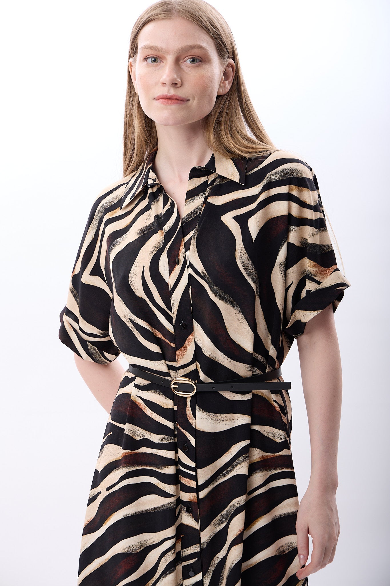 Diagonal-Zebra Desenli Fırfırlı Elbise-Elbise-9-Milagron.com