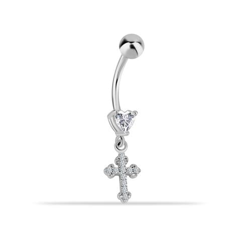 14 Ayar Altın Kalp Taşlı Haç Sallantılı Göbek Piercing