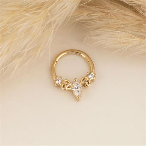 14 Ayar Altın Markis Taşlı Gül Motifli Minimal Halka Piercing